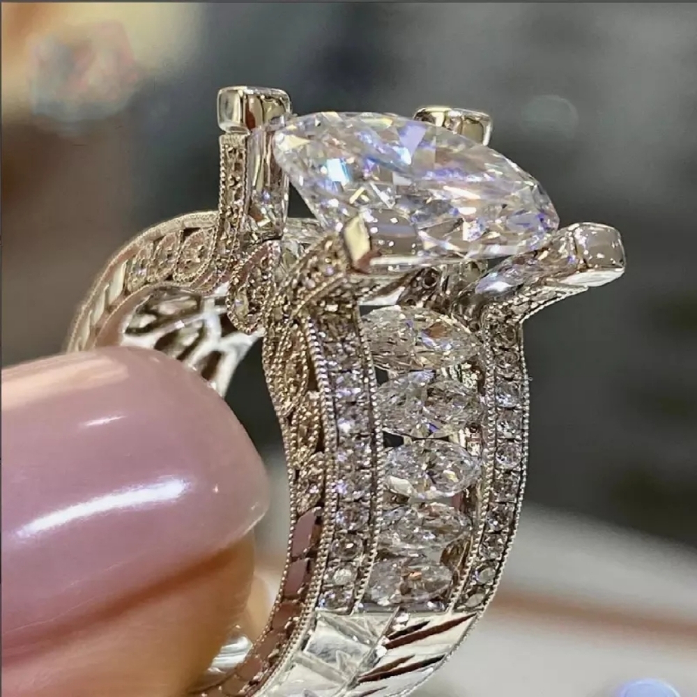 *NEW 925 Silver Round&Marquis Diamond Band Ring - Picture 2 of 3